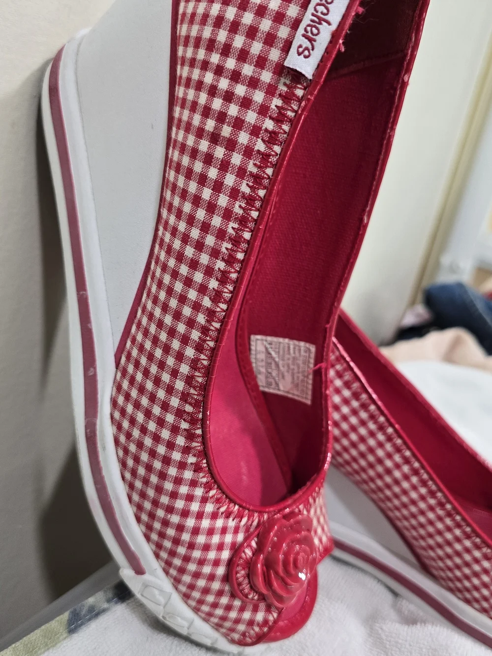 Skechers Women's Red Gingham Peep-Toe Flats